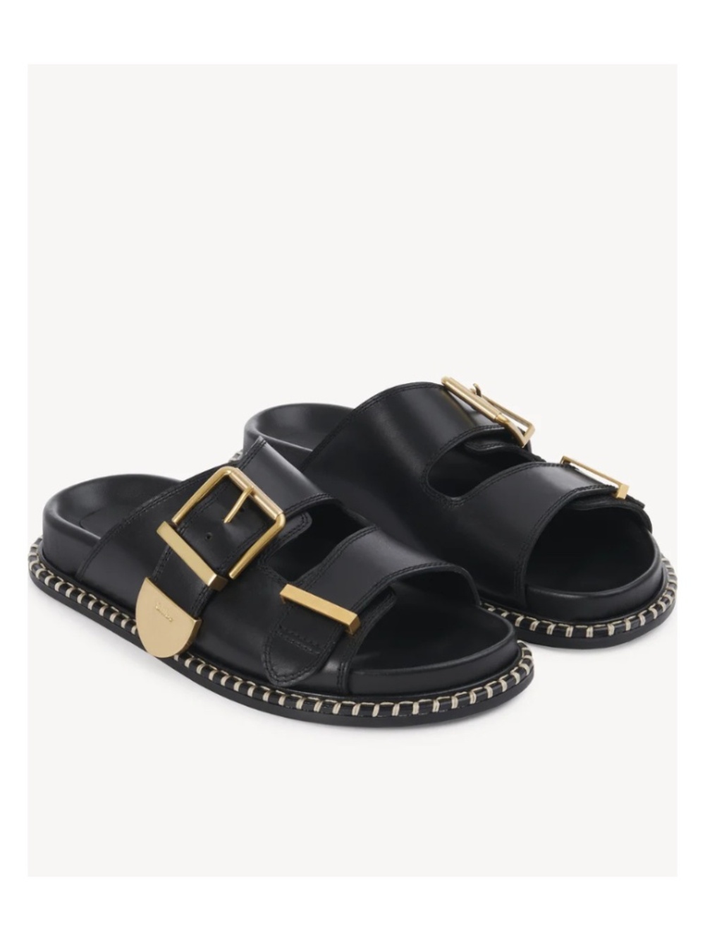 Chloé Rebecca Black Leather Slide Sandals — Gold Buckle — EU 37